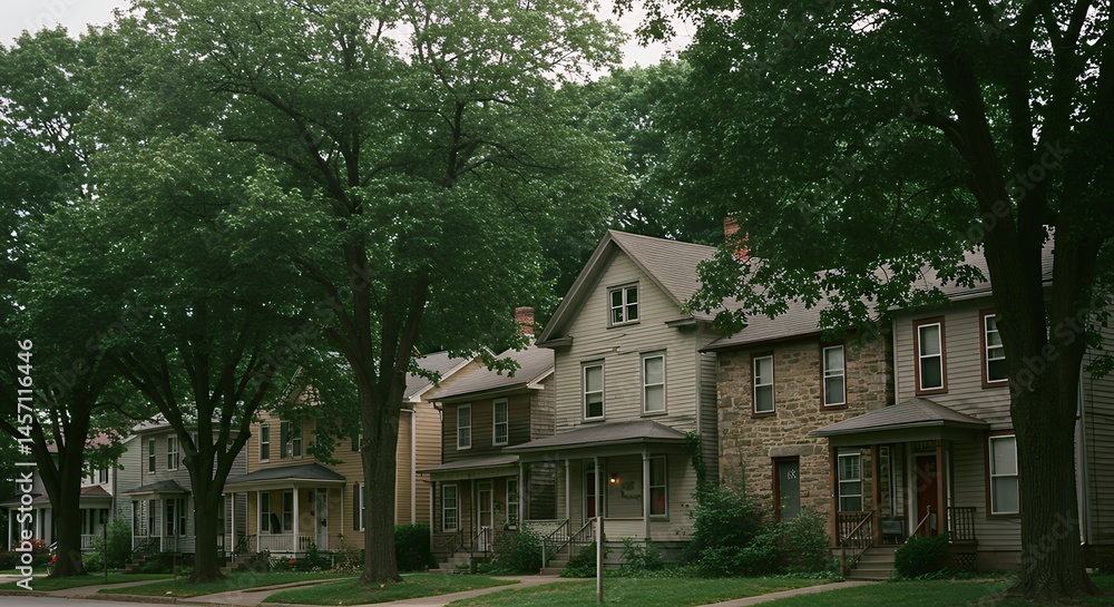 Row of Houses on a Tree-Lined Street in a Residential Neighborhood Row of Houses on a Tree-Lined Street in a Residential Neighborhood