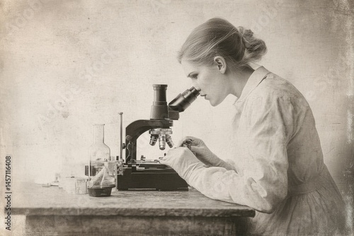 A woman scientist meticulously examines a sample under a vintage microscope in a sepia-toned laboratory setting.