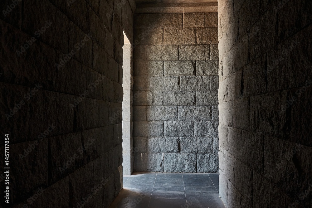 Castle corridor stone walls fortification, light from door
