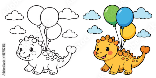 Adorable Baby Ankylosaurus with Balloons Coloring Page – Fun Dinosaur Line Art for Kids