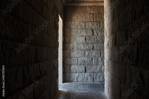 Obraz na płótnie Castle corridor stone walls fortification, light from door w salonie