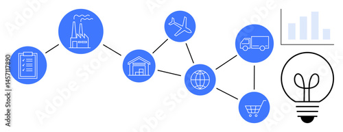 Connected icons of a clipboard, factory, warehouse, airplane, truck, cart, globe, and lightbulb representing logistics production and innovation. Ideal for supply chain logistics production