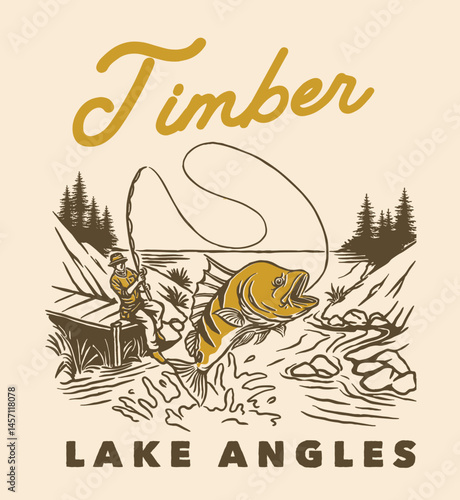 A rustic vintage illustration of an angler fishing at a timber-lined lake, with a large fish jumping from the water and pine trees in the background.