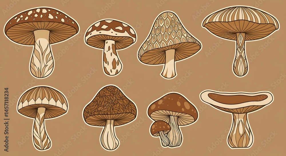 Mushroom Illustration Collection with Various Textures and Brown Color Palette Mushroom Illustration Collection with Various Textures and Brown Color Palette