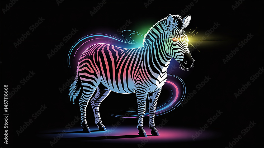 Fototapeta premium A zebra with vivid stripes stands illuminated by neon rings and bright eyes