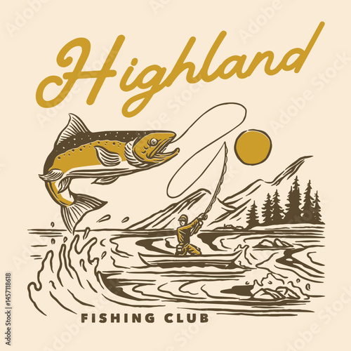 A nostalgic vintage illustration of a fisherman in a boat reeling in a fish in the highland waters, with a backdrop of mountains and pine trees under the sun.