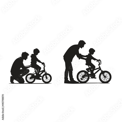 vector silhouette illustration of a father teaches his son to ride a bicycle