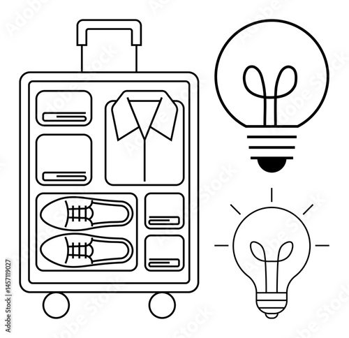 Organized suitcase with folded clothing and shoes, accompanied by light bulbs. Ideal for travel, organization, innovation, creativity, planning, efficiency minimalism. Flat simple metaphor