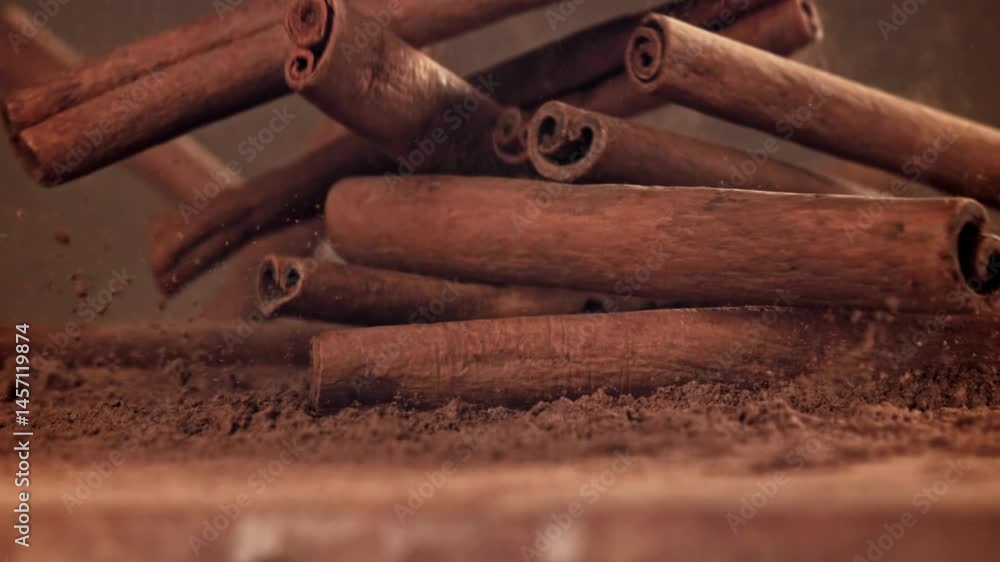 Cinnamon sticks fall on the table. Filmed on a high-speed camera at 1000 fps. High quality FullHD footage