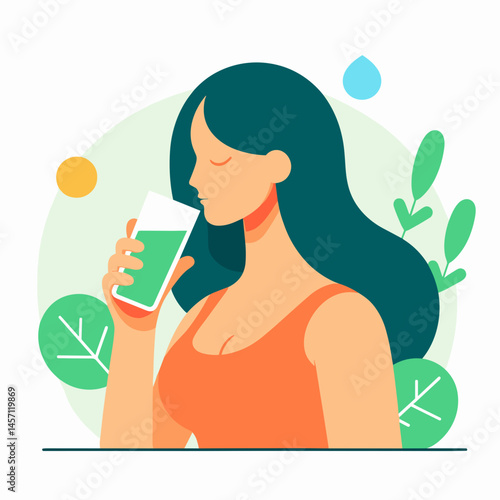 Woman drinking detox water, enjoying hydrating beverage in nature  