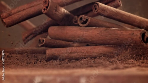 Cinnamon sticks fall on the table. Filmed on a high-speed camera at 1000 fps. High quality FullHD footage