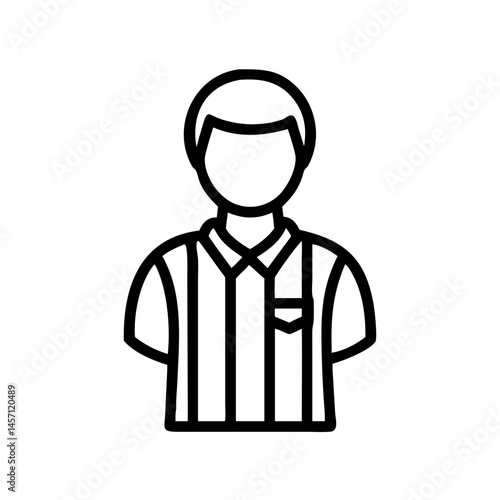 Referee figure in striped shirt representing sports authority, icon, vector  