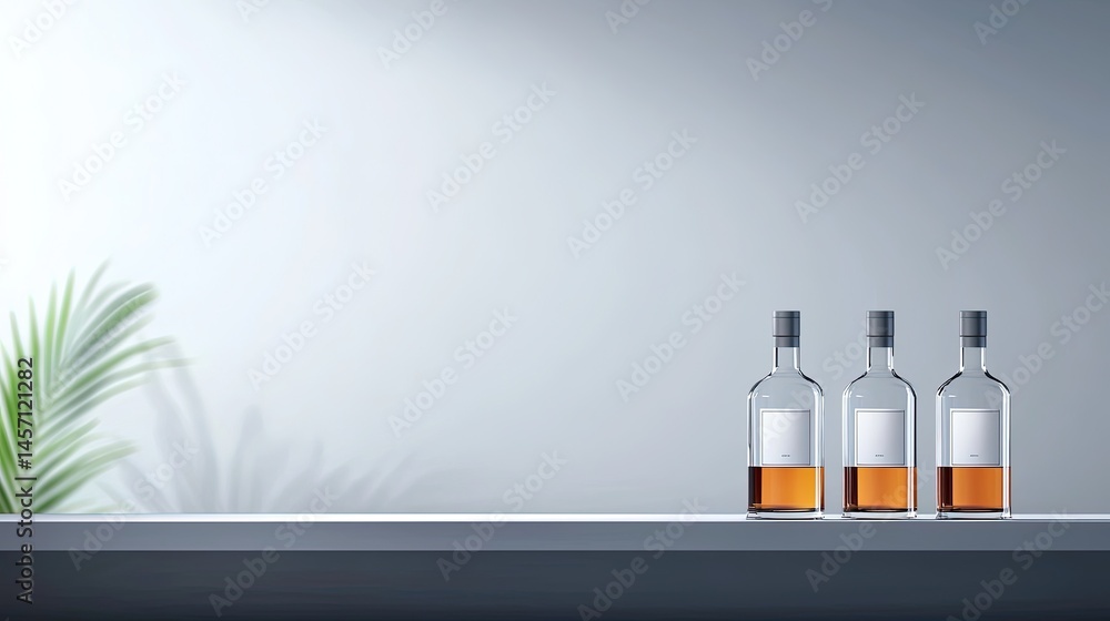 Four clear bottles with amber liquid on a shelf against a light gray backdrop. Four clear bottles with amber liquid on a shelf against a light gray backdrop.