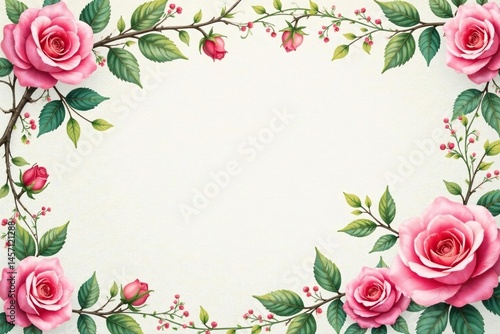 Delicate watercolor roses, climbing vines on textured background, shabby chic, damask