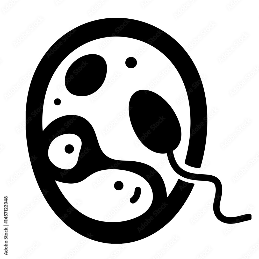 A stylized black and white vector illustration of a fertilized egg cell with a sperm cell. A stylized black and white vector illustration of a fertilized egg cell with a sperm cell.