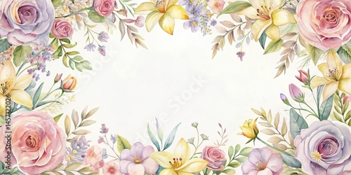 Elegant Watercolor Floral Frame with Pastel Roses and Lilies, Perfect for Wedding Invitations or Romantic Announcements