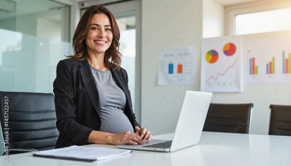 Pregnant manager smiling while working at a corporate boardroom, empowerment Pregnant manager smiling while working at a corporate boardroom, empowerment