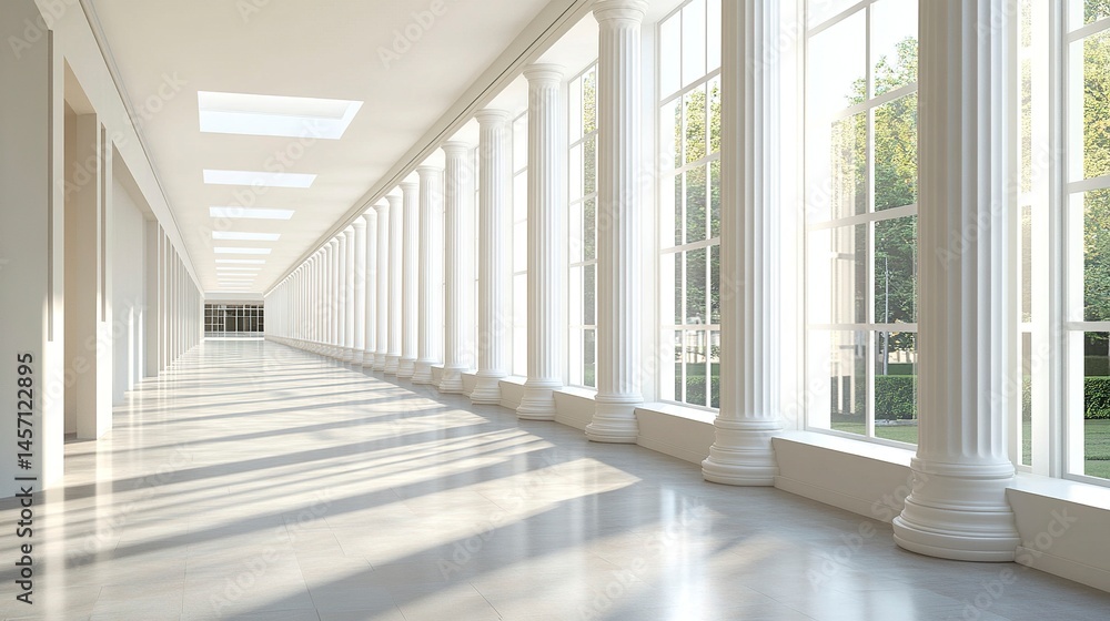Fototapeta premium Refined school building with a long corridor of white pillars, shadowed recesses, gentle afternoon light, side perspective for depth. 
