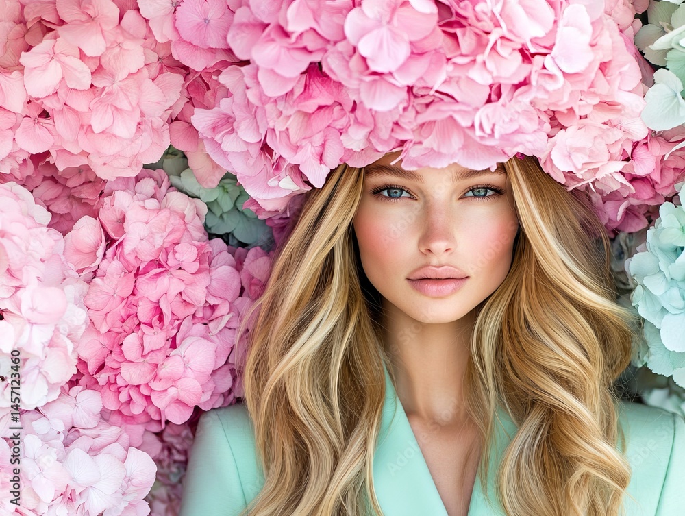The image features a blonde woman in a large hat adorned with flowers, surrounded by lush green and pink blooms, set against a vibrant sky, embodying a fresh and whimsical approach to floral fashion The image features a blonde woman in a large hat adorned with flowers, surrounded by lush green and pink blooms, set against a vibrant sky, embodying a fresh and whimsical approach to floral fashion
