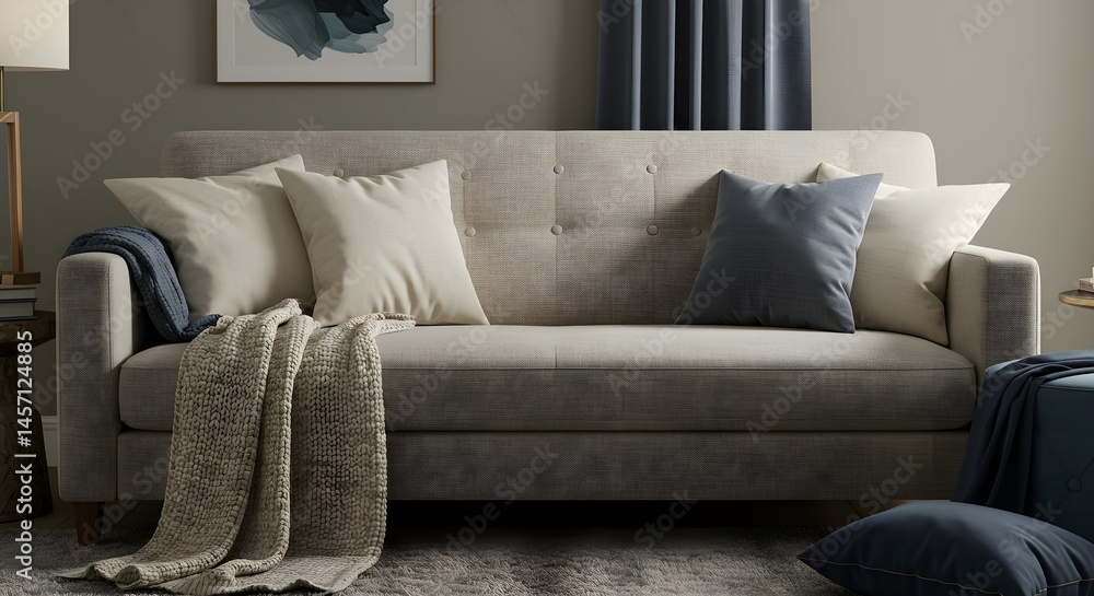Beige sofa with neutral-toned throw pillows and blanket. Beige sofa with neutral-toned throw pillows and blanket.