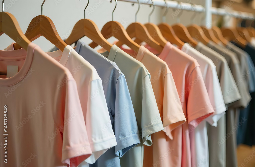 Pastel colored t-shirts on hangers in a clothing store. Clothes on a hanger. Pastel colored t-shirts on hangers in a clothing store. Clothes on a hanger.