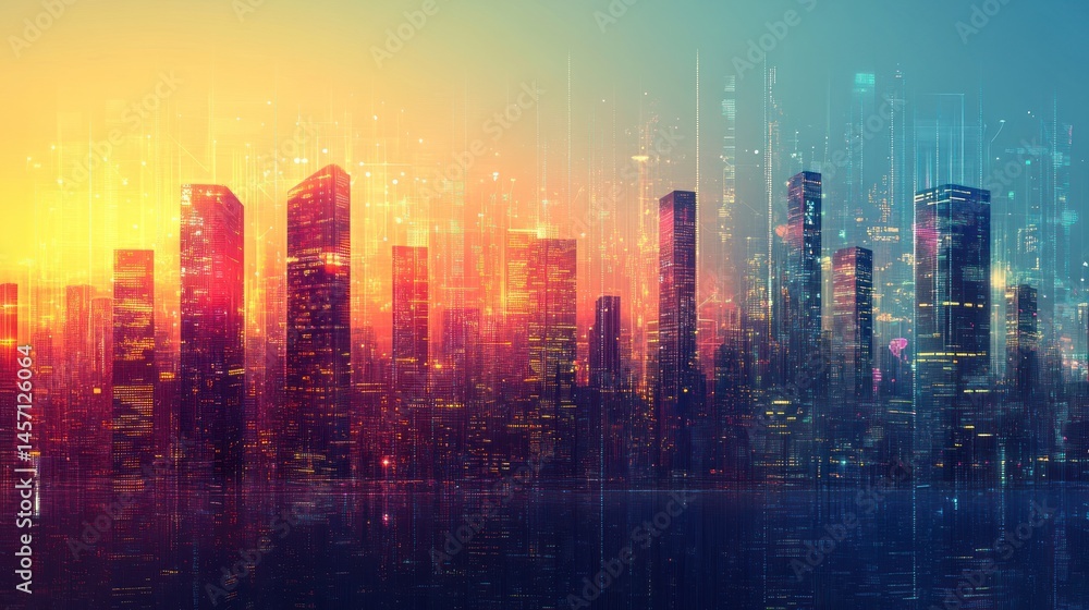 Fototapeta premium Futuristic city skyline at sunrise