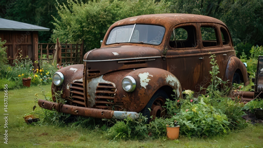 Fototapeta premium An old rusty car sits abandoned and overgrown with plants in a yard on a cloudy day outdoors