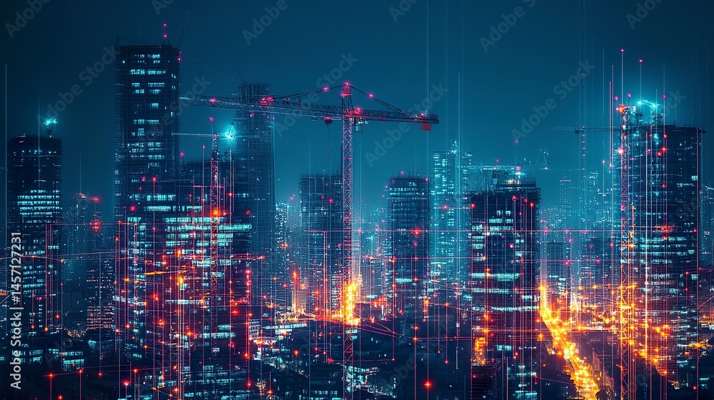 Fototapeta premium Rising metropolis under construction illuminated by neon digital pathways cranes and steel beams cutting through the skyline. 
