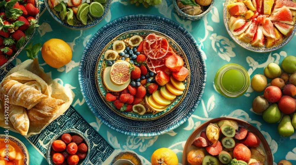 A vibrant table displays fresh fruits and breads beautifully arranged A vibrant table displays fresh fruits and breads beautifully arranged