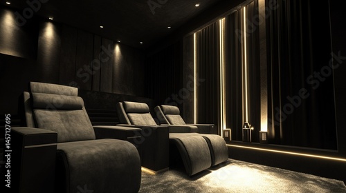 Home theater with reclining seats, sleek, comfortable, immersive, chic, modern, inviting, style of motif contemporary, architecture style modernist, color scheme dark tones, velvet curtains.