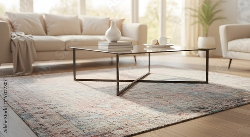 Beige sofa and glass coffee table in a sunlit living room. 