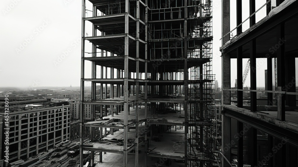 High-rise construction site, skeletal, industrial, towering, gritty, unfinished, mirrorless camera, 24mm lens, dusk, architectural photography, black-and-white film. High-rise construction site, skeletal, industrial, towering, gritty, unfinished, mirrorless camera, 24mm lens, dusk, architectural photography, black-and-white film.