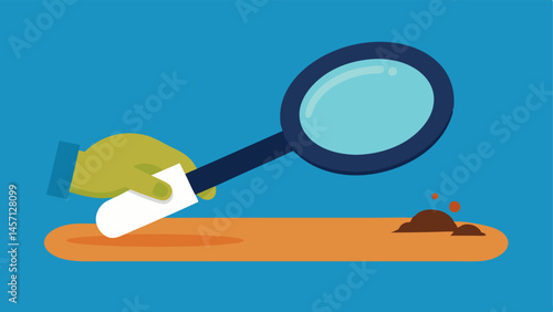Gloved Hand Holding a Magnifying Glass A gloved hand holding a magnifying glass examining a piece of evidence on the ground portraying meticulous investigation work.