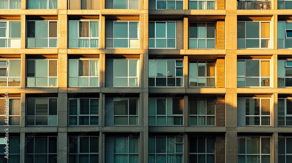 Fototapeta premium High-rise apartment windows, geometric, repetitive, modern, sharp lines, reflections, mirrorless camera, 85mm lens, sunset, architectural photography, chrome film.