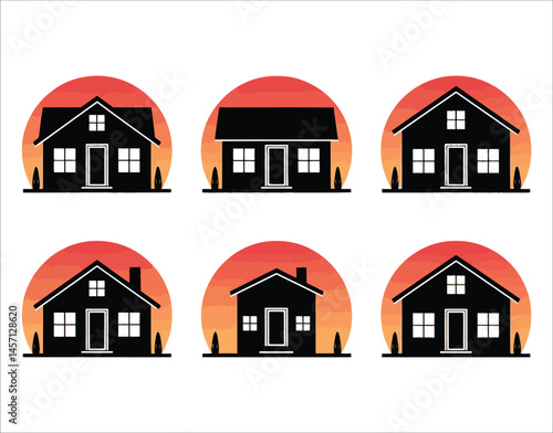 Editable House Icons – Flat Silhouettes