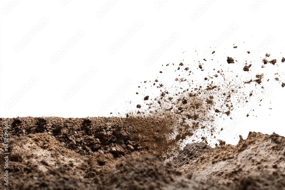 Pile of Dirt and Mud in Motion with Water Droplets on White Background Pile of Dirt and Mud in Motion with Water Droplets on White Background
