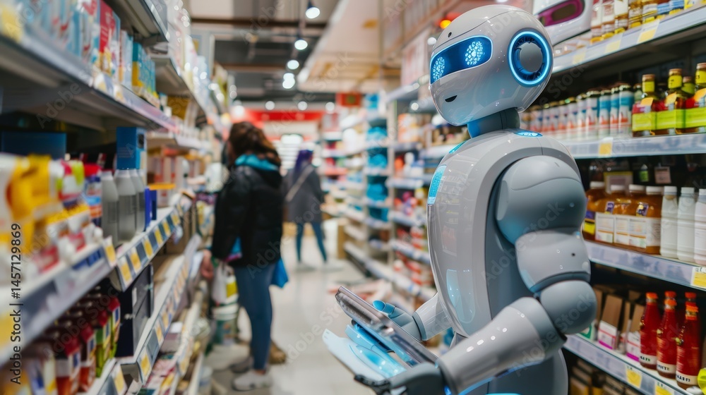 Fototapeta premium Robot assistant in a supermarket aisle. Advanced AI and robotics.
