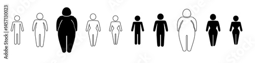 A man or woman diets and exercises from fat to fitness series frontal view. Figure and size person, body index mass. Vector