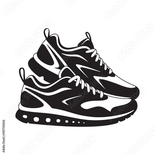 Pair of Black and White Running Shoes with Laces and Tread Ready for a Workout on a White Background