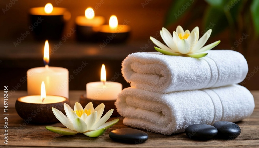 Spa treatment setup with white towels, candles, and water lilies. The scene is tranquil and relaxing. Spa treatment setup with white towels, candles, and water lilies. The scene is tranquil and relaxing.