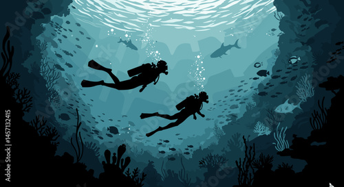 Underwater divers exploring a vibrant marine ecosystem  