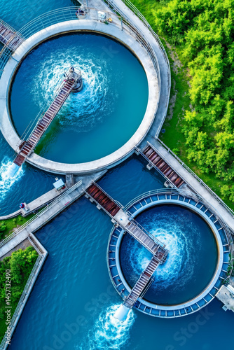 A large water treatment plant with two large circular water tanks in the middle of it
