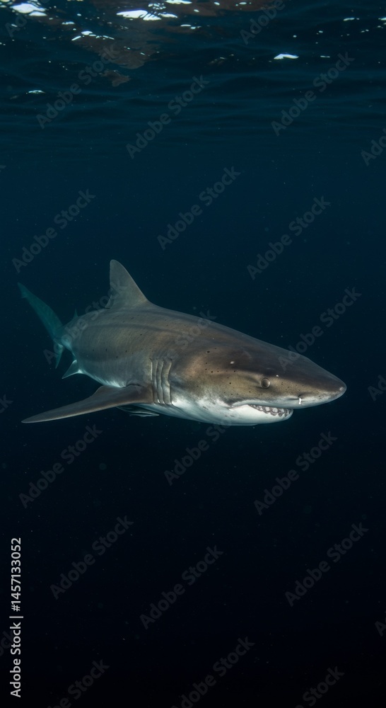 Naklejka premium Dark Grey Shark Underwater in Deep Ocean