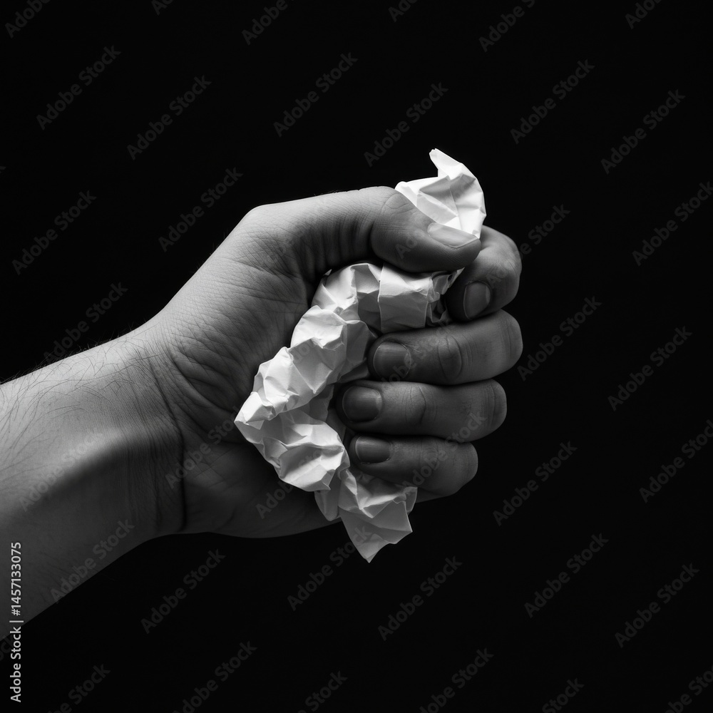 Hand Crushing Crumpled Paper in Dramatic Black and White Hand Crushing Crumpled Paper in Dramatic Black and White
