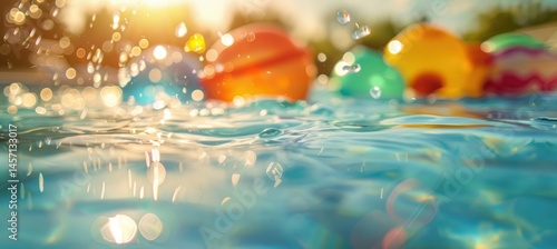 Colorful Plastic Water Toys in Sunlit Pool - Summer Recreation and Leisure Vibes for Poster Design