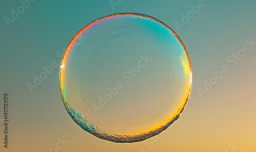 Iridescent Soap Bubble Sphere Against a Pastel Sunset Sky