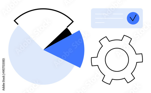 Pie chart with highlighted sections, gear icon for settings, and checklist with verification mark. Ideal for analytics, workflow, statistics, productivity, data management, planning simple landing