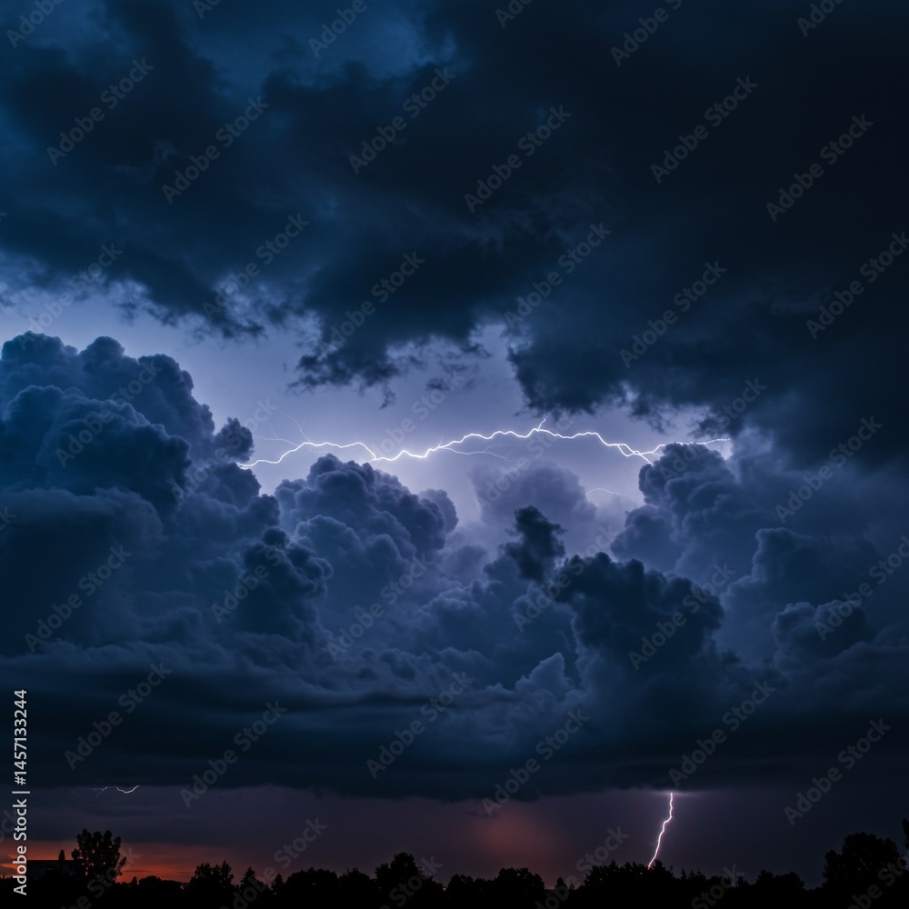 Fototapeta premium Dark Storm Clouds with Dramatic Lightning at Night