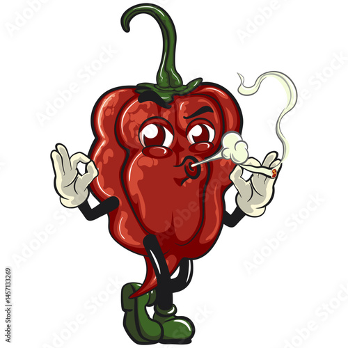 character mascot of a carolina reaper chili cartoon vector isolated clip art illustration smoke calmly, work of hand drawn