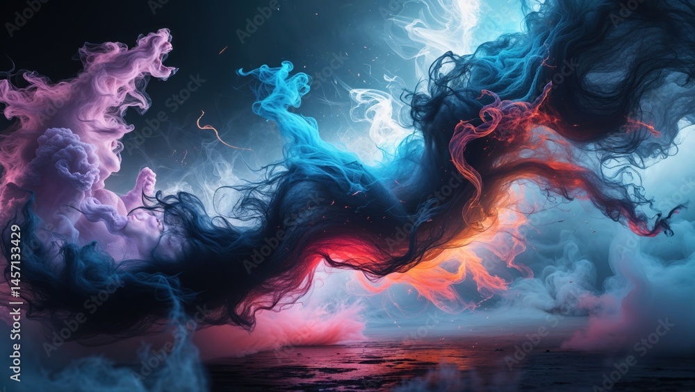 Fototapeta premium Abstract artwork depicting swirling, vibrant colors of teal, pink, and orange creating a dreamy, ethereal atmosphere.